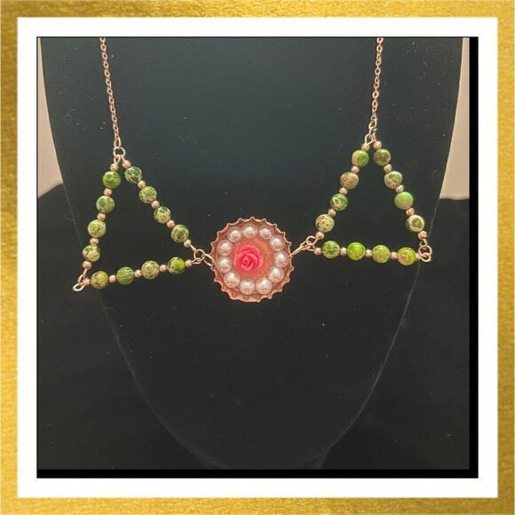 COPY - HAND CRAFTED Upcycled BOTTLE CAP Rose PENDANT Pearl NECKLACE - Picture 1 of 1